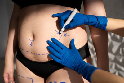 Persona con ropa interior negra, abdomen descubierto y guantes azules dibujando marcas sobre la piel con un rotulador